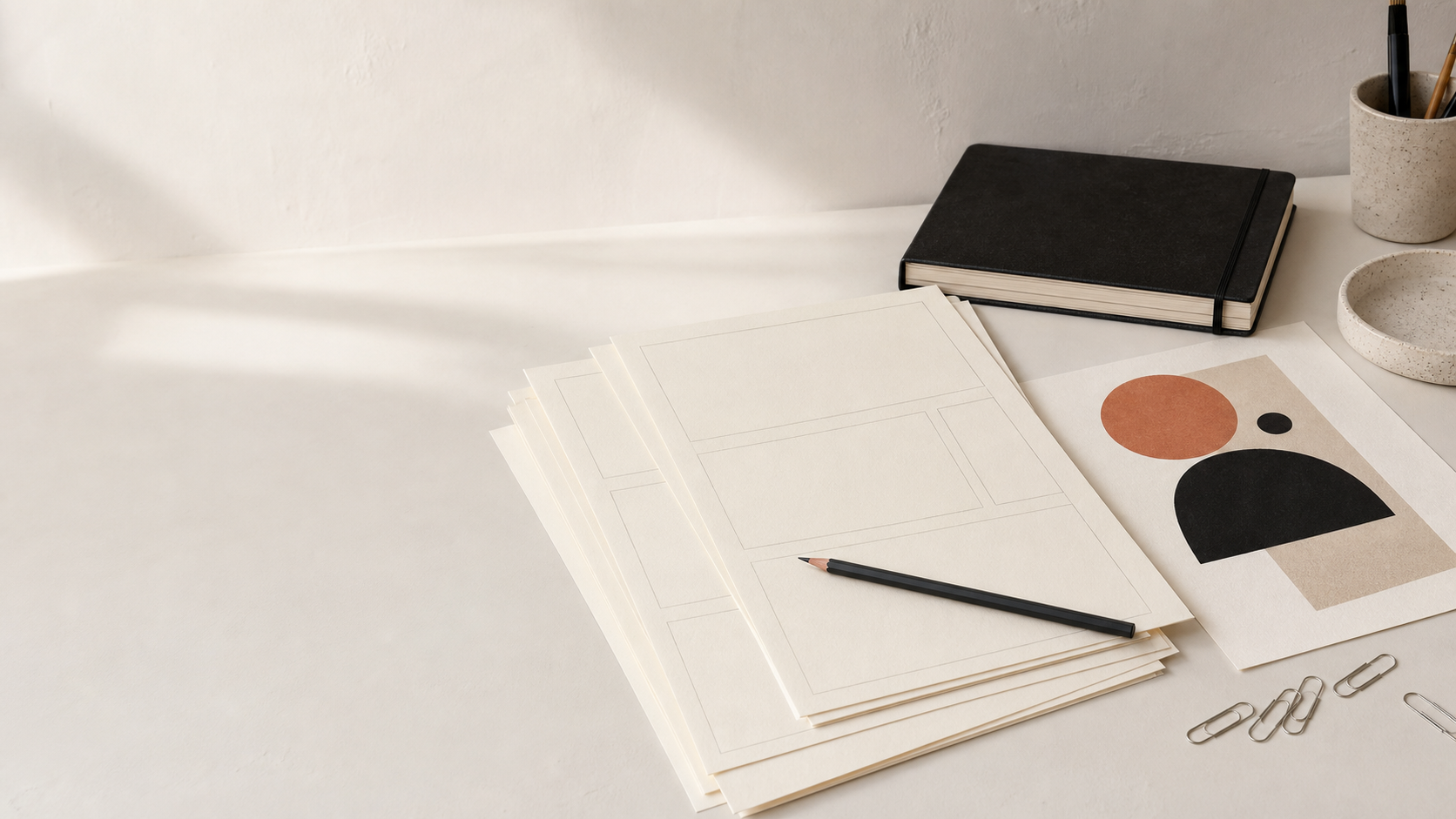 Blank portfolio layout sheets beside a pencil and a closed sketchbook.