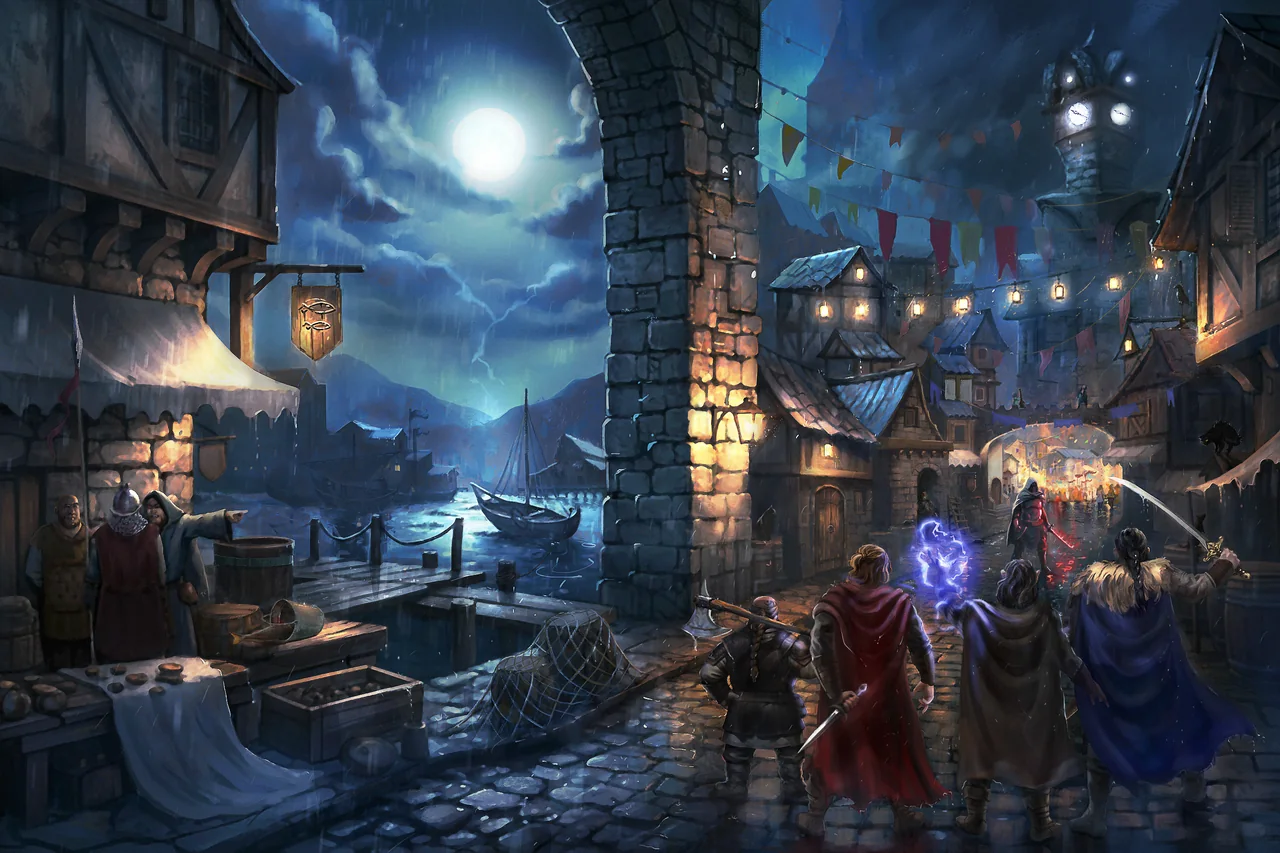 איור עטיפה של מולי אסידו לספר Demon’s Day: Book Two of the Soul Trade Saga: רחוב בנמל בלילה באור ירח ופנסים